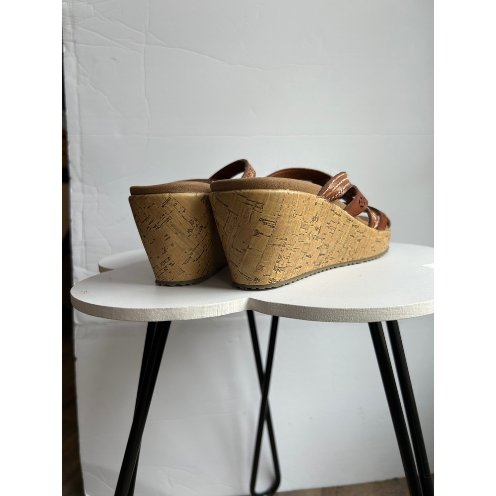 Skechers Cali Luxe Foam Wedge Sandals Brown Boho Laser Cut Floral Slides - Picture 7 of 10